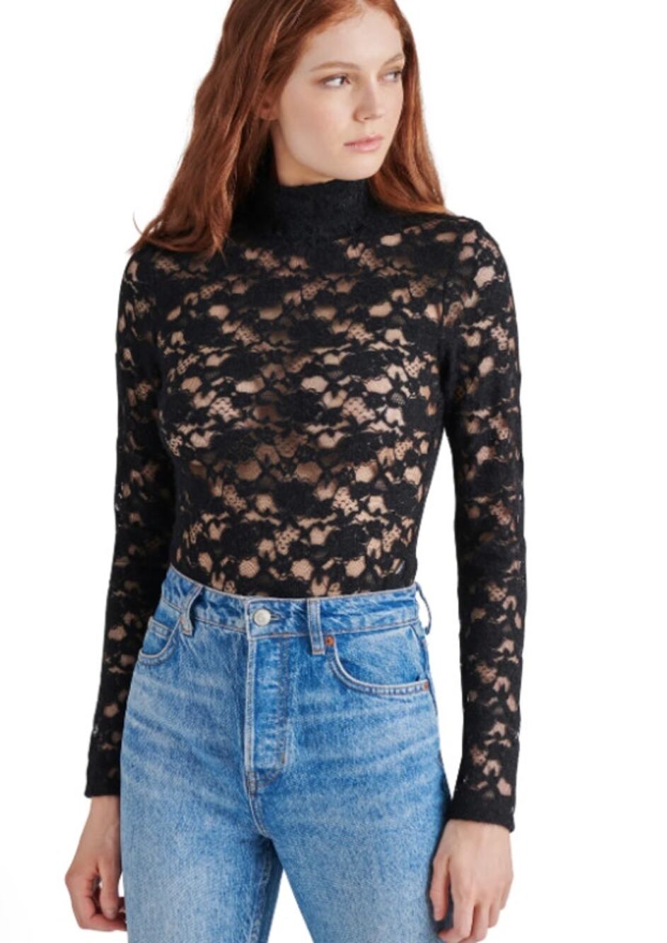 Steve Madden Cassi Black Sheer Lace Mock Neck Thong Bodysuit XS